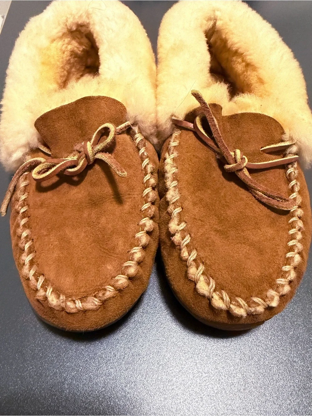 L.L. Bean Chestnut Sheep Wool Suede Shearling-Lined Moccasin Slippers